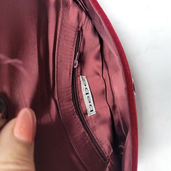 Vtg BeBe Red Maroon Wine Velvet Evening Bag Feather Fringe Formal Shoulder Bag - Picture 14 of 16